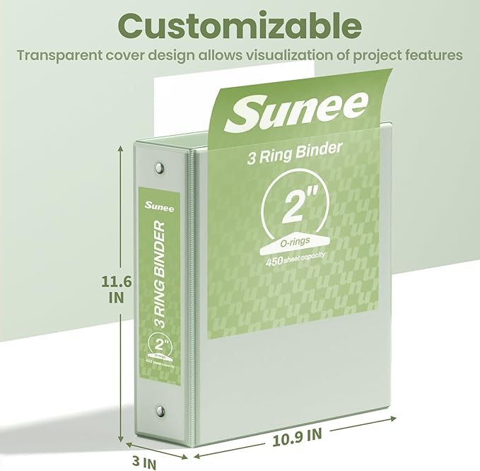 SUNEE 3 Ring Binder 2 Inch 2 Pack, Clear View Three Ring PVC-Free (Fit 8.5x11 Inches) for School or Office Supplies, Sage Green