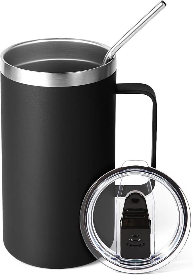 Volhoply 22oz Insulated Stainless Steel Coffee Mug with Leakproof Lid,Double Wall Vacuum Travel Coffee Cup with Handle,Reusable Metal Tumbler,Camping Mugs Keep Hot&Cold(Black,1)