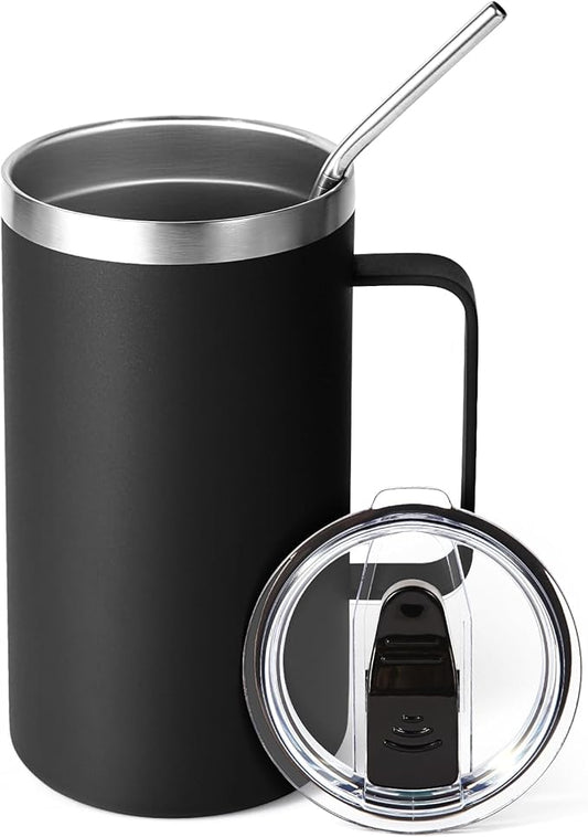 Volhoply 22oz Insulated Stainless Steel Coffee Mug with Leakproof Lid,Double Wall Vacuum Travel Coffee Cup with Handle,Reusable Metal Tumbler,Camping Mugs Keep Hot&Cold(Black,1)