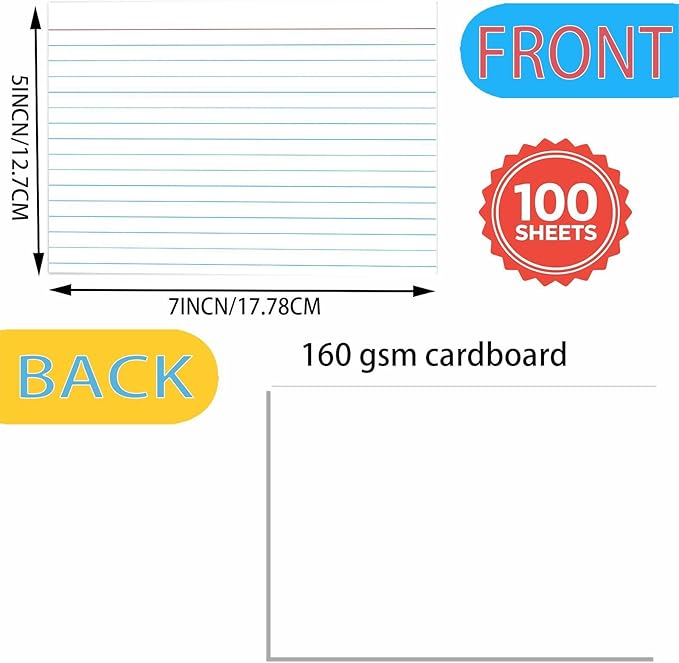 100 Pack 5x7 Ruled Index Cards, Heavyweight 160g Large Lined Note Cards, White Study Flashcards for School, Office & Organization