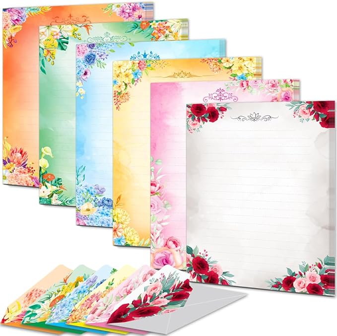 Anzon Mories A4 60 Pieces Cute Stationary Writing Paper and Envelope Set (2 Sides Colored, 1 Side Lined) 30 Sheets, 30 Pcs Envelopes, Kawaii Letter Stationery Floral Decoration