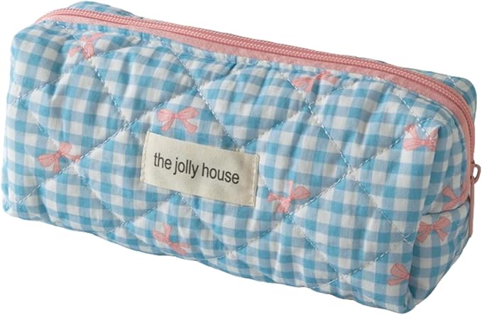 Carry bloom Pencil Pouch Cute Pencil Case for Girls Aesthetic Pencil Bag with Zipper Pen Cases School Supplies Makeup Bag (Checkered bow blue)