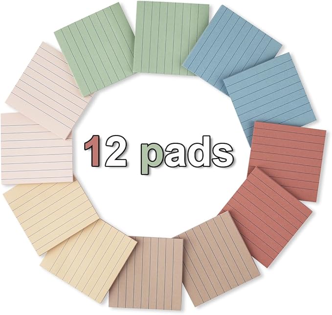 (12 Pack) Lined Sticky Notes 3x3 in,Notepads with Lines,Ruled Stickies Super Sticking Power,Office School Memo Note Pads Vintage Colors,Post on Windows Doors,Recyclable,Easy to Write on