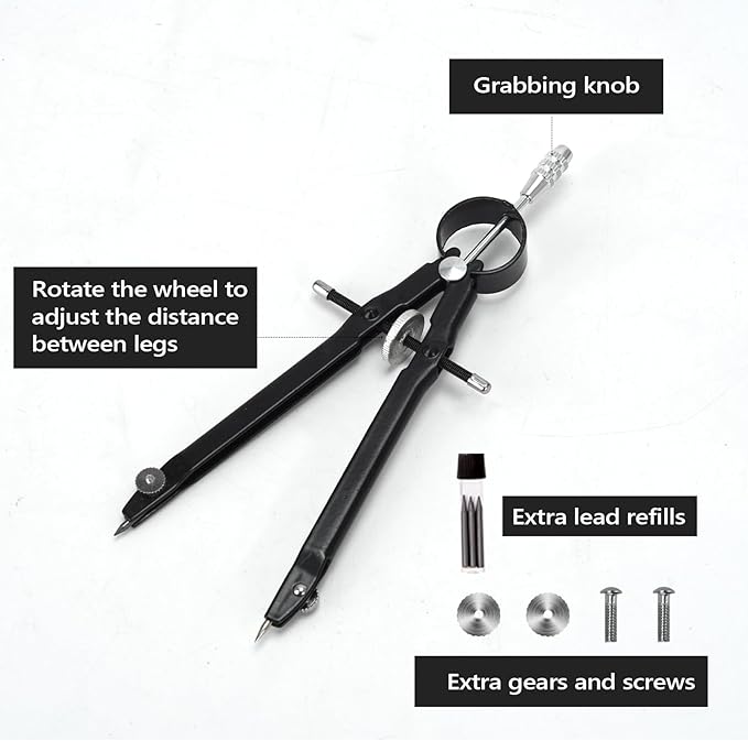 Compass for Geometry, Metal Compass with Extra Refills Compass Drawing Tool for Students Drafting Compass Back to School Supplies (Black 2pcs)