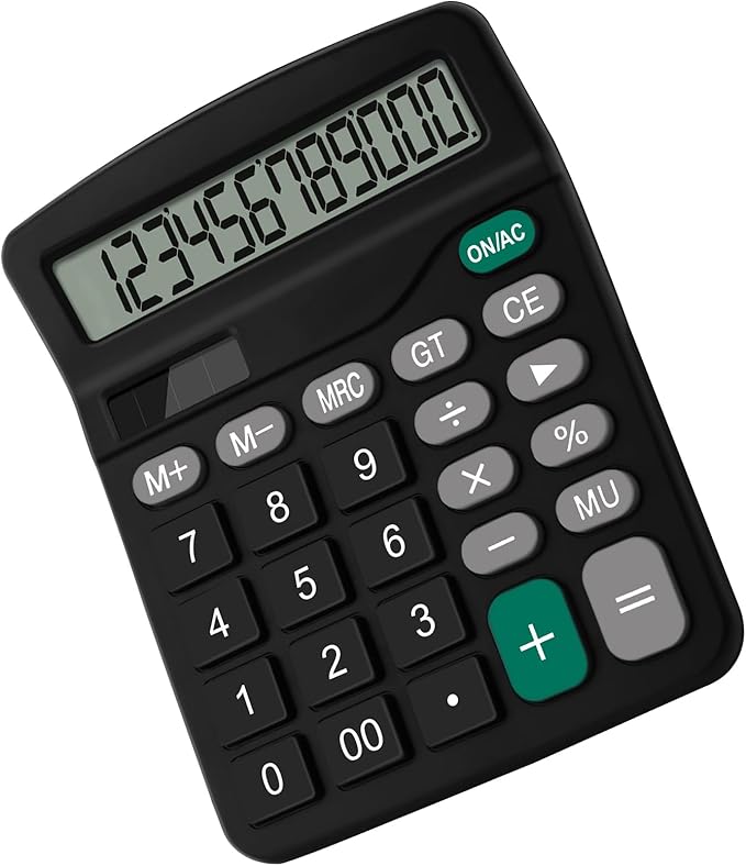 Desktop Calculator, 12-Digit Solar Calculator with Large Easy-to-Read LCD Screen, Comfortable Big Buttons, Solar Powered, Standard Desk Calculator for Home, Classroom & Office