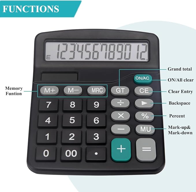 Desk Calculator, Basic Office Calculator with 12 Digits Large Display, Dual Solar Power and Battery, 4 Function Simple Calculation, Big Button for Office Home School(Black)