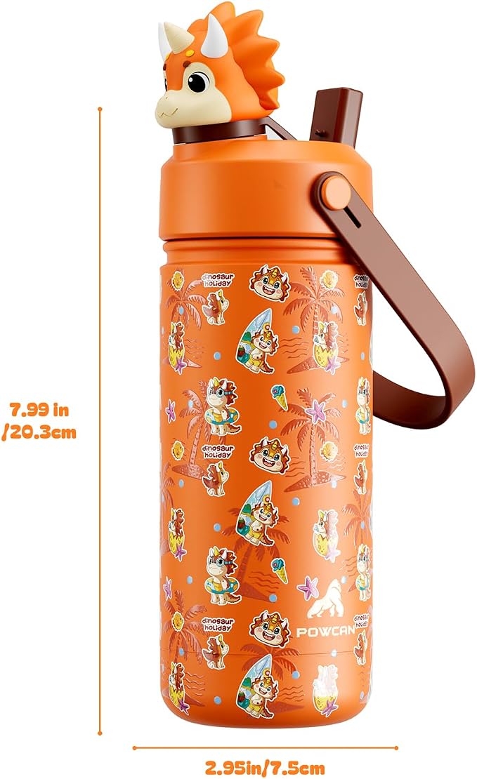 POWCAN 18 oz Kids Water Bottle Insulated: 2-in-1 Straw Spout Lid with Soft Animal Head, BPA-Free, Leakproof, Keep Cold 24H, Backpack Friendly, Stainless Steel Cup for School, Trip, Gift (Sunny Trike)