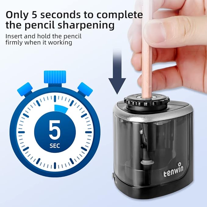tenwin Electric Pencil Sharpener Battery Operated,Fast Sharpening, Suitable for NO.2/Drawing/Colored Pencils(6-8 mm), Office/School/Home, Portable Pencil Sharpener for Adults, Kids (Black)