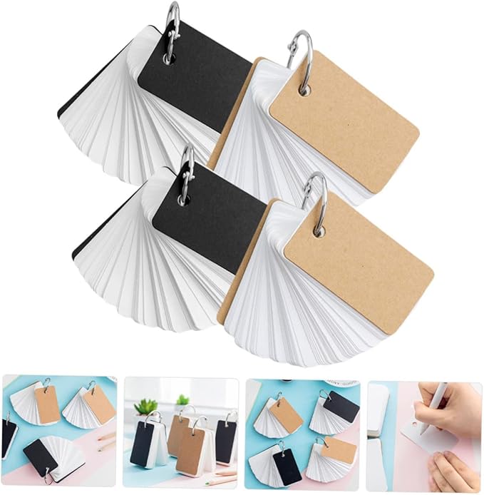 DOITOOL 4pcs Blank Flashcards Notepad with Binder Rings Simple Style Memo Cards for Students Portable Memory Cards for Note Taking and Learning Black Kraft Paper