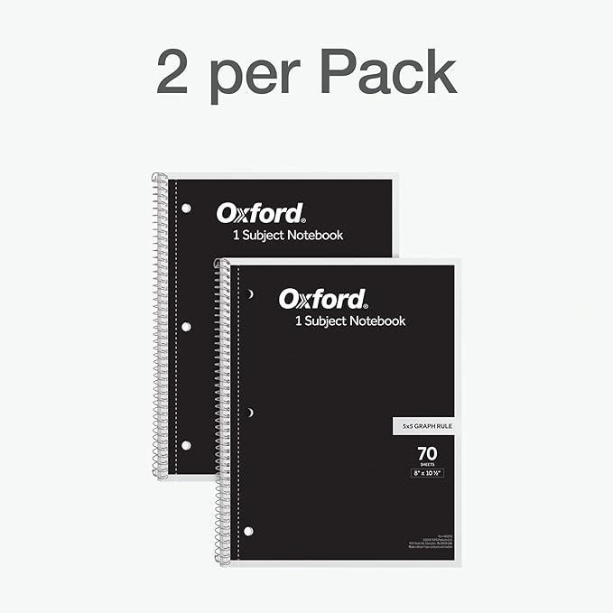 Oxford Spiral Notebook 2 Pack, 1 Subject School Pads, 3-Hole Punch, 5 x 5 Inch Graph Paper, 8-1/2 x 10-1/2 Inches, Black Covers, 70 Perforated Sheets (65214)