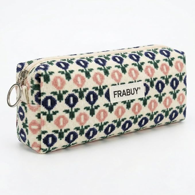 Soft Corduroy Pencil Case Pen Pouch Organizer, Small Stationery Bag | Cute little blue flower pencil pouch, smooth zipper, daily cosmetics holder, compact organizer for school teen girls, women