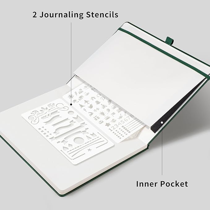 RETTACY Dotted Journal Notebook, 96 Pages, B5 Medium Size (7.6'' x 10''), Leather Hardcover, 100 GSM Thick Paper, for Journaling, Planning, Tracking (Dark Green)