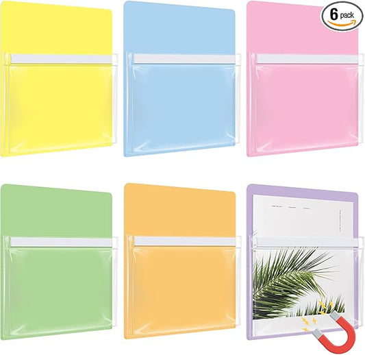 Fuutreo 6 Pack Magnetic File Holder with Clear Pocket and Label Insert 12 x 9.5 Inch Wall File Organizer for Whiteboard Fridge Locker Office Magazine Holder for Paper Mail(Macaron Color,Vertical)