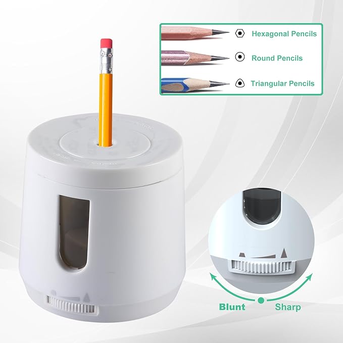 Bocyteopr Automatic Electric Pencil Sharpener, USB & Battery Operated, Adjustable Sharpening for Colored Pencils(6-8mm), for School/Classroom/Student(White)