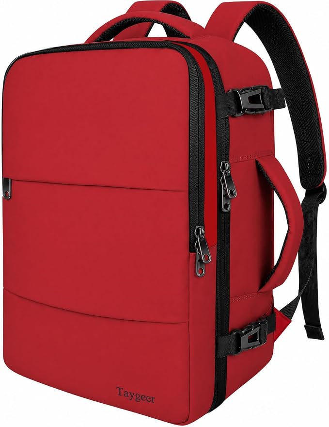Taygeer 35L Carry on Travel Backpack for Women Men, Personal Item backpack | Travel Backpack with Laptop Compartment & Water Bottle Pocket, Lightweight Work Bag for Weekend Business Hiking, Bright Red