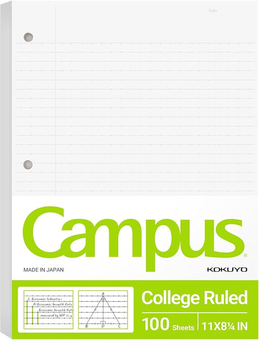 Kokuyo Campus Loose Leaf Paper for 3 Ring Binders, 8-1/4"x11”, College Ruled Notebook Paper, 100 Sheets, 70 GSM Japanese Smooth Paper Prevents Ink Bleeding, School Suppliers (WSG-NO-887G1)