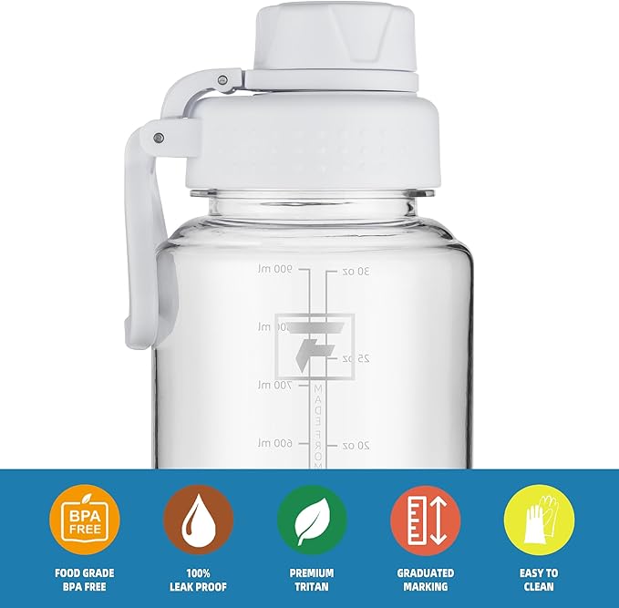 Fanhaw 32 oz Clear BPA-Free Tritan Water Bottle with Fast-Flow Spout Lid, Leakproof Wide-Mouth Reusable Bottle for Gym, School & Office (Clear&White)