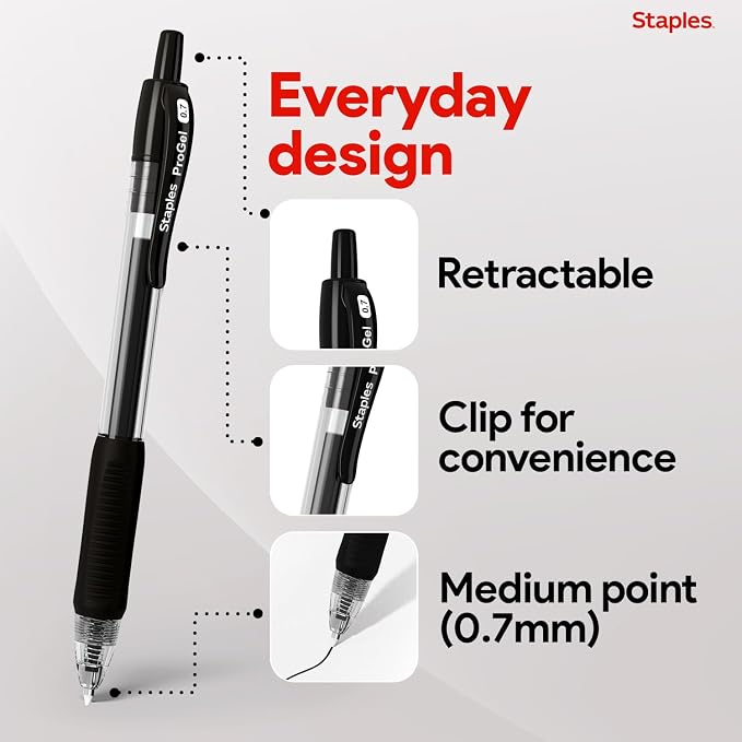 Staples ProGel Retractable Gel Pens, Fine 0.7mm, Black Ink, 36-Pk | Smooth-writing, quick-dry ink for everyday office and classroom stocking.