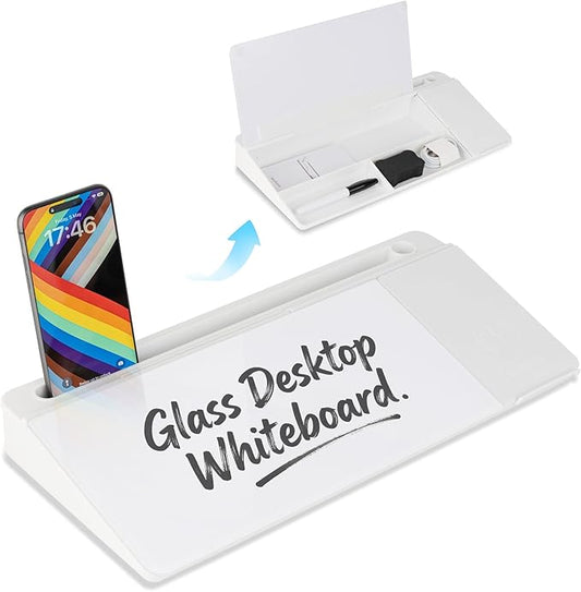 Glass Desktop Whiteboard with Wireless Charger & Storage, Desk Dry Erase Note Memo Board, Compact Desk Organizer for Desk, Home, Study, Office, Back to School Supplies, White, 2026