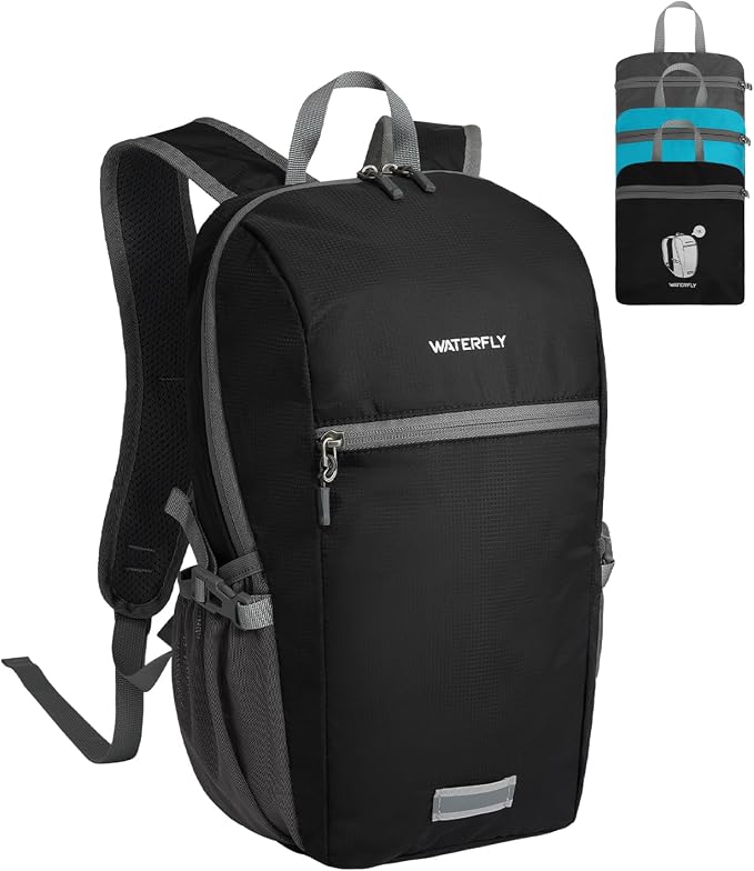 WATERFLY Small Packable Travel Backpack: 10L Ultra-Light Daypack for Adults | 9.2 oz,Water-Resistant Nylon,Breathable Mesh Straps,Reflective Strips,Emergency Whistle,Multi-Pockets,Hiking,Cycling,Commute