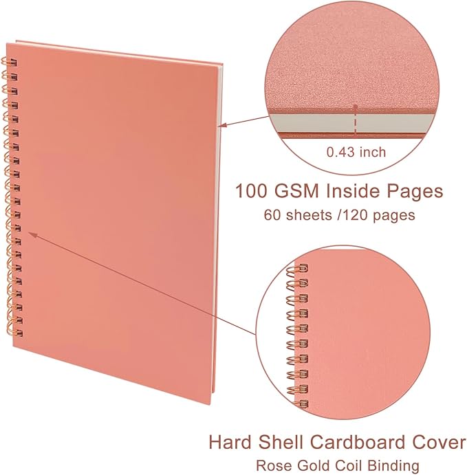 DSTELIN Sketch Coil Notebook Set, 120 Pages (60 Sheets), 2-Pack with 1 Pink and 1 Green Hardcover, 1150GSM Cardstock, 7.5 x 5.1 Inches, 100GSM Paper