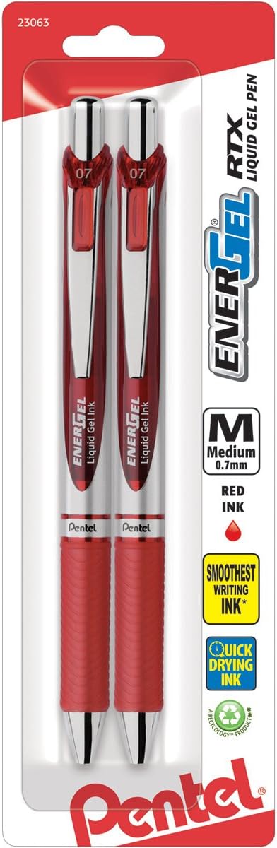 Pentel EnerGel Deluxe RTX Retractable Liquid Gel Pen, (0.7mm), Metal Tip, Red Ink, 2 Pack (BL77BP2B)