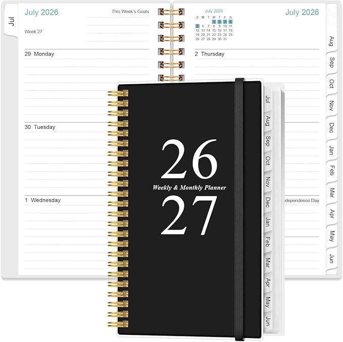 2026-2027 Pocket Planner/Calendar - 2026-2027 Planner from July 2026 - June 2026, Planner 26-27 with 12 Tabs, Twin-Wire Binding, Inner Pocket, 3.75" x 6.75, Black