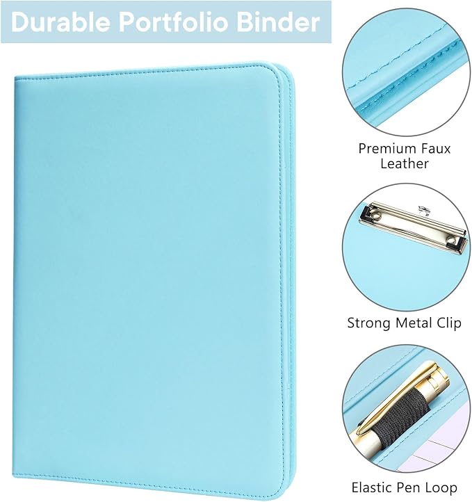 Professional Padfolio with Clipboard, Faux Leather Portfolio Folder Binder, 8.5 x 11 Legal Pad Holder for A4 Letter Size Notepad, Writing Pad, Ideal Organizer for Business Office Conference, Blue
