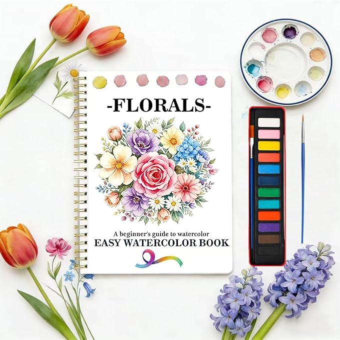 Watercolor Workbooks Coloring Book Easy Nature Scenes Beginner Friendly Watercolor Paint Set Art Crafts Painting Kit for Creative Exploration Gift for Adults Beginners (Flowers, with Palette)