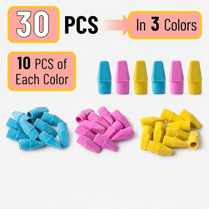 Mr. Pen- Pencil Erasers Toppers, 30 Pack, Colorful