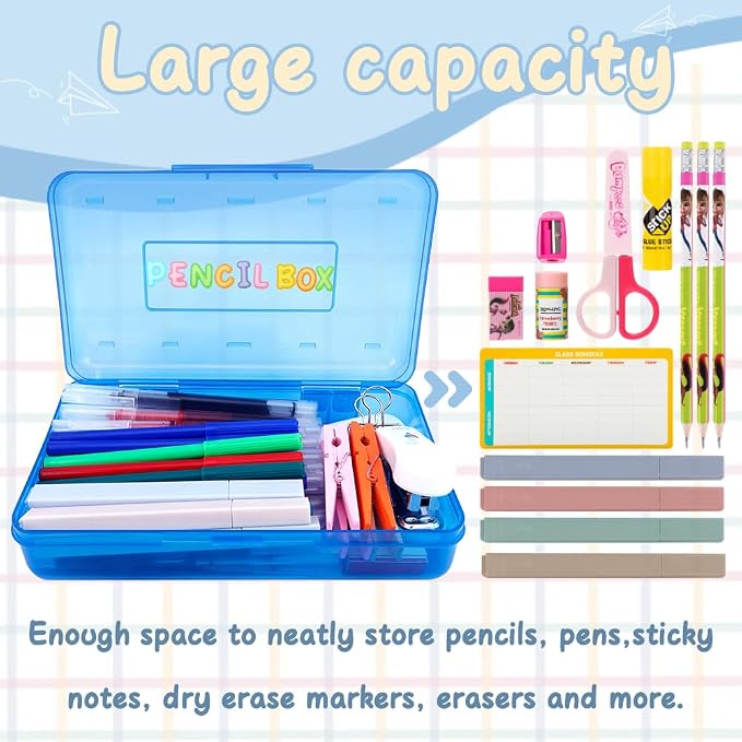 Blue Pencil Case Plastic Hard Clear Pencil Box Crayon Box Organizer 1 Pack Office Supplies Storage Container Organizer Boxes for Pens Crayon School Stylish Art Office Supplies Storage Medium