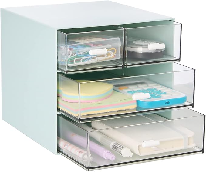 Desk Organizer with 4 Drawers, Clear Plastic Desk Storage Box, Desktop Organization for Office Supplies, Gel Pens, Pencils, Markers, Tape, Erasers, Paperclips, Chargers (Blue)