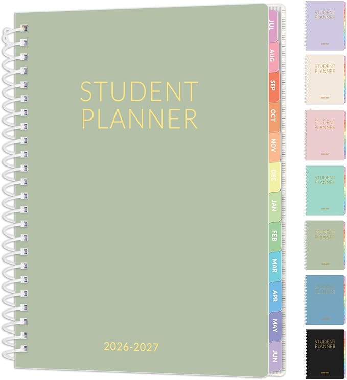 SUNEE Student Planner 2026-2027, Academic Weekly & Monthly School Planner, Jul. 2026 - Jun. 2027, 6.5" x 8.3" Middle & High Lesson Plan Book with Weekly Goals, Monthly Tabs, Bookmark, Sage Green
