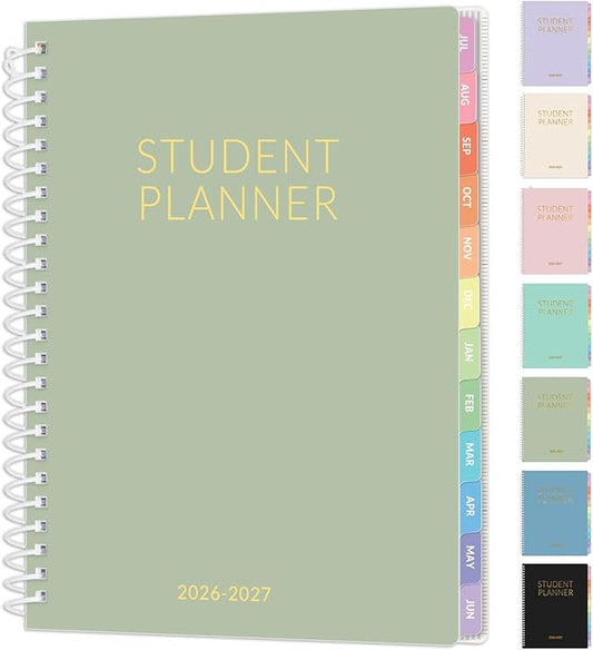 SUNEE Student Planner 2026-2027, Academic Weekly & Monthly School Planner, Jul. 2026 - Jun. 2027, 6.5" x 8.3" Middle & High Lesson Plan Book with Weekly Goals, Monthly Tabs, Bookmark, Sage Green