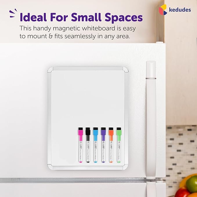 Kedudes Magnetic 8.5’’ x 11’’ Small Dry Erase Whiteboard - Includes 6 Magnetic Dry Erase Markers, Assorted Colors - Small Board for Fridge, Locker, Office, Classroom, Dorm Room