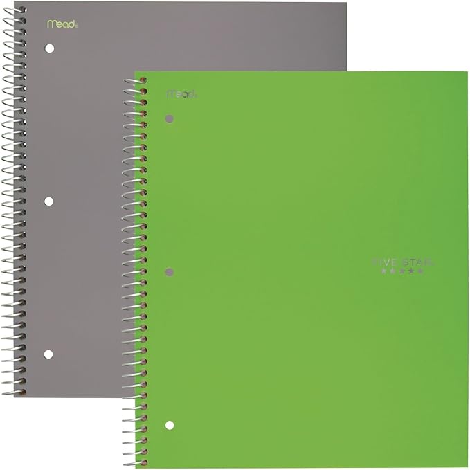 Five Star Spiral Notebooks, 2 Pack, 5-Subject, Wide Ruled Paper, 10-1/2" x 8", 200 Sheets, Gray, Lime (38434)