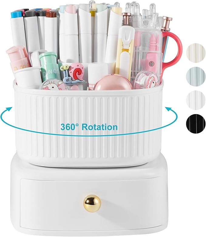 Pencil Pen Holder with Drawer, 5 Slots 360 Degree Rotating Pen Organizer For Desk, Desktop School Supplies Desk Accessories for Office School Home Art Supply White