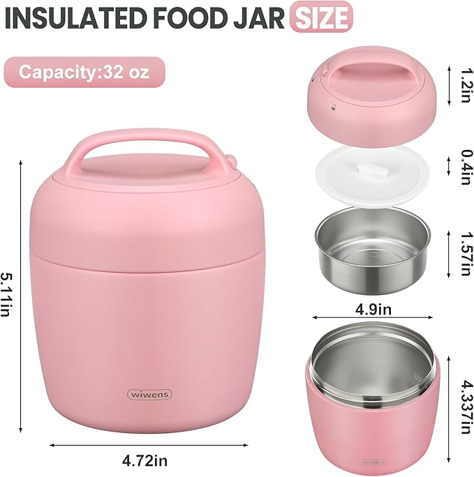 wiwens Thermo Food Jar for Hot Food Adults 32OZ Soup Thermo Lunch Containers Wide Mouth Vacuum Insulated Stainless Steel Leakproof Bento Box with Spoon