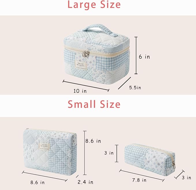 uekeboag Large Travel Quilted Makeup Bag for Women | Soft Floral Cotton Cosmetic Bag, Foldable Coquette Aesthetic Toiletry Organizer