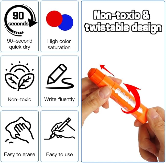 30 Colors Solid Tempera Paint Sticks, Washable Paint Sticks for Kids, Quick Drying, Non-Toxic, Ideal for Kids and Students