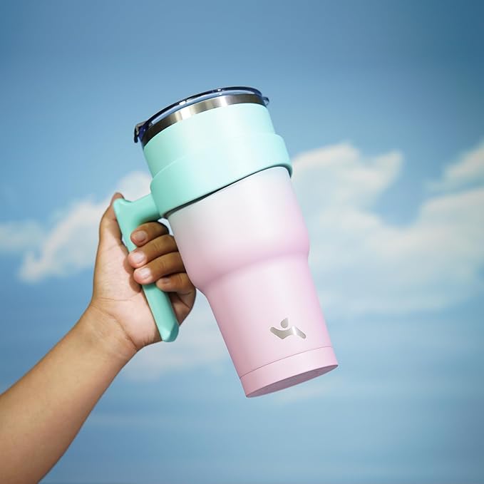 Konokyo 40 oz Tumbler with Handle and 2 Straw 2 Lid, Insulated Water Bottle Stainless Steel Vacuum Cup Reusable Travel Mug,Gum