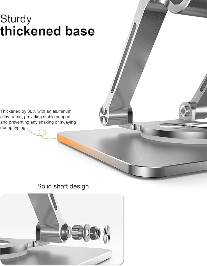 Orlian Tablet Stand Holder with Thickened 360°Rotating Base Dual Rod Adjustable Aluminum Stand for All 5.8-12.9” iPad Samsung Phone Tablet Kindle E-Reader and More, Silver