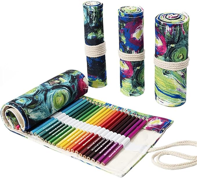 DIYOMR 12/24/36/72 Slots Pencil Wrap Pencil Rolls，Artist Colored Pencil Roll Up Bag Short Brush Pouch Case Pencils Organizer Drawing Coloring & Sketching，No Pencils (Ink Painting，12slots) (PCD1098)