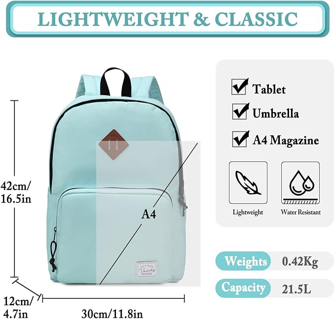 VASCHY School Backpack, Ultra Lightweight Backpack for Women Bookbag for Kids Teen Boys Girls Aqua