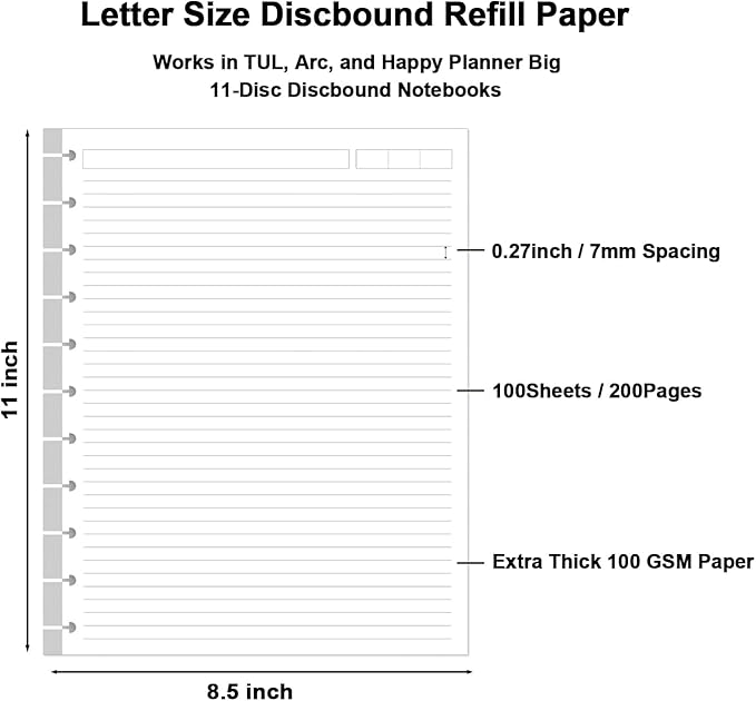 A4 TUL Discbound Lined Refill Paper, 11 Disc Hole Punched Ruled Filler Paper, Letter Size Refills Paper, 100Sheets / 200Pages, Loose-Leaf Paper, 100gsm Paper, 8.5 X 11 Inch