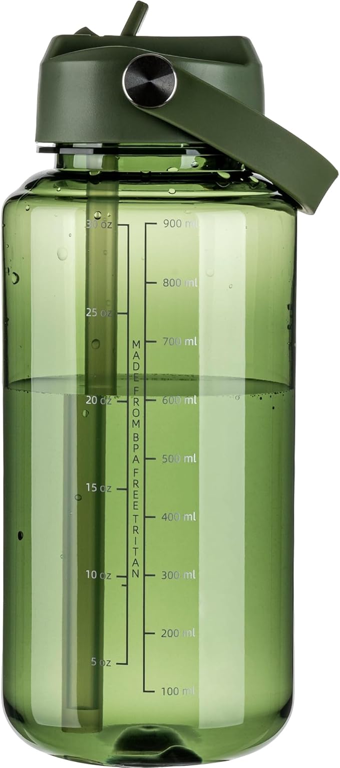 OLDLEY 32 oz Clear Water Bottle with Straw,Tritan BPA-Free, Wide Mouth, Leak Proof - for Gym, Travel, Home, School, Office (Army Green)