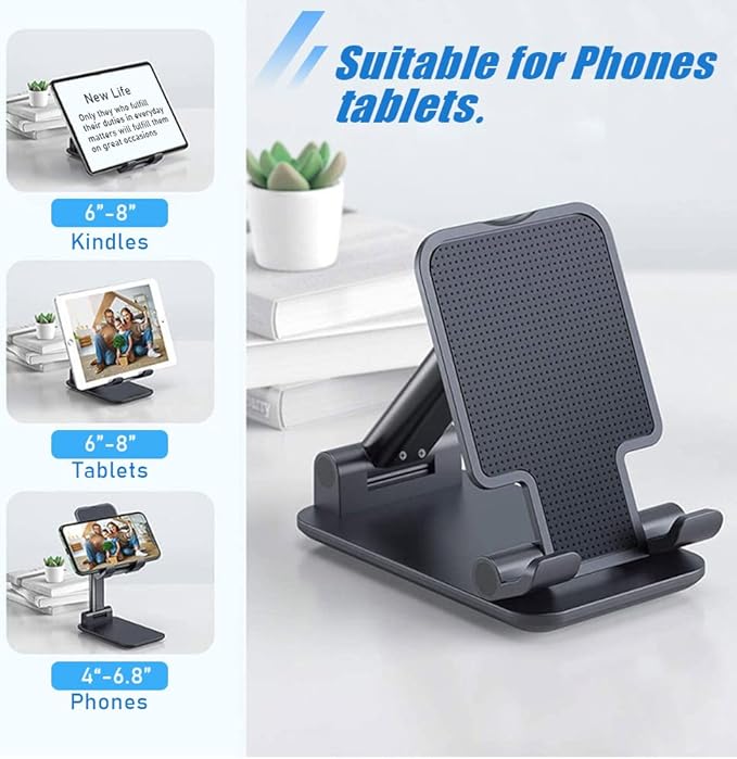 Phone Stand for Desk, Cell Phone Holder Cute Smart Cellphone Stand Foldable Stands Compatible with Under 8" Devices, Office Accessories, Black, 2