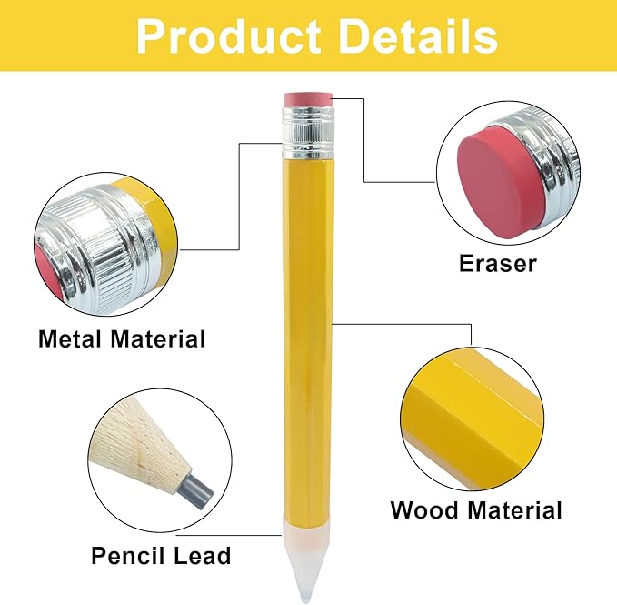 Zorfeter 3 PCS Yellow Giant Wooden Pencils with Eraser, Novelty Jumbo Pencil Prop Funny Giant Pencil for School Office Prop Supplies/Gifts