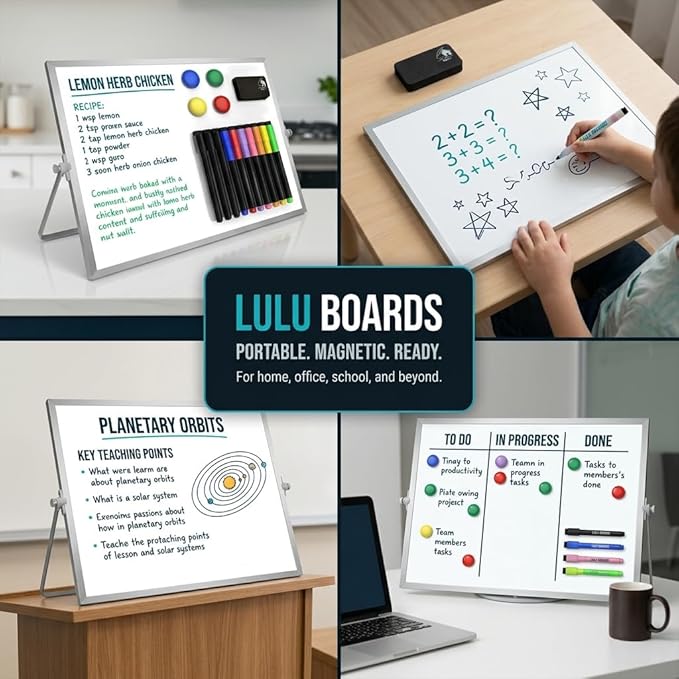 Magnetic Dry Erase Board 16x12 Inch - Double-Sided Desktop Whiteboard with 360° Rotating Stand - Small Portable White Board Set with 10 Markers, 4 Magnets, Eraser for Home Office, School, Desk