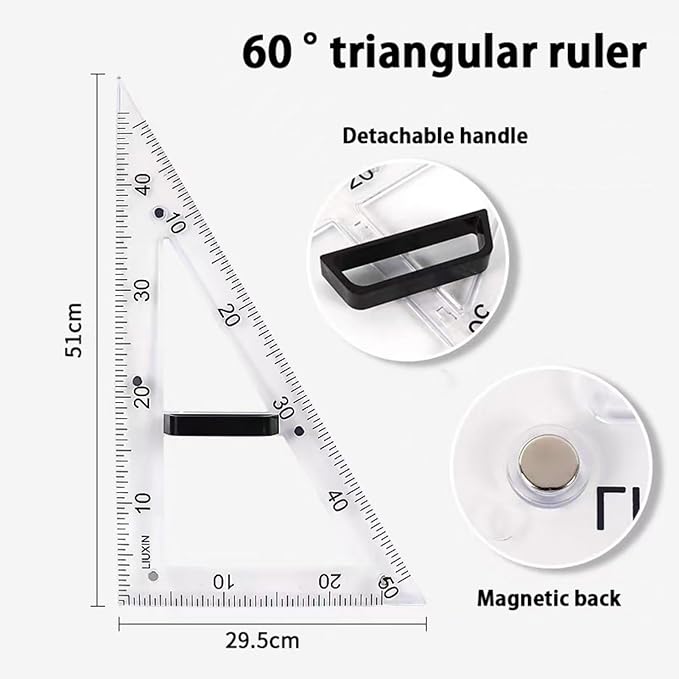 Magnetic Geometry Tool Set Clear Drafting Tools Mathematics Protractor, Triangular Scale Ruler Math Classroom Teaching Measurement Set Oversized Ruler (Transparent 3-Piece Set)